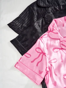 SHARICCA 6pcs Satin Pajama Set For Women, Elegant Print Sleepwear, Lapel Collar Button Front Short Sleeve Shirt And Bowknot Shorts, Soft Comfortable Casual Loungewear - 設定-2 - 查看 5
