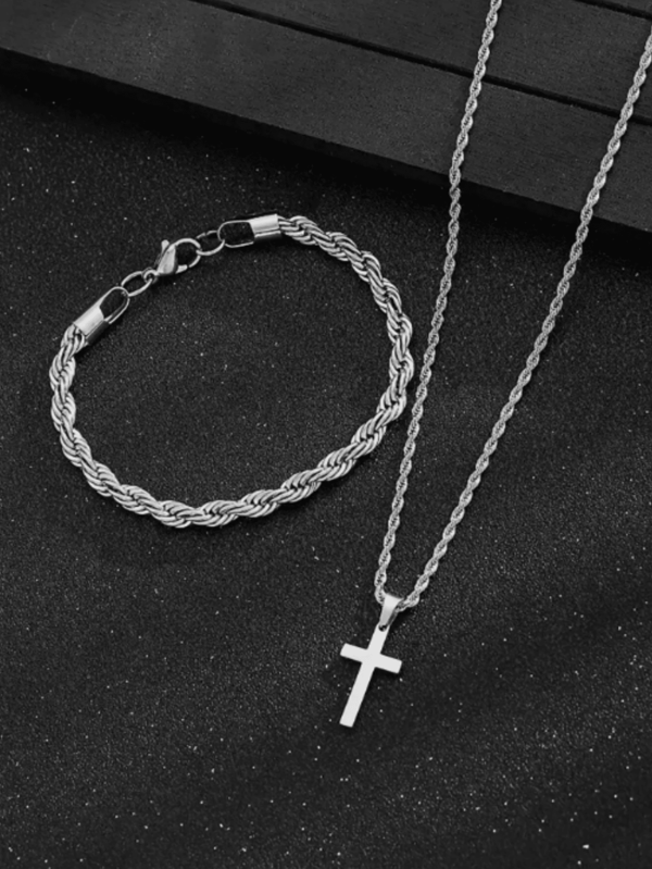 Herren Hip Hop Kette mit Twist, Kreuz Anhänger Halskette, Armband & Schmuckset