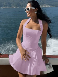 All-White Halterneck Street Sexy Backless Dress Vacation A Hem Slim Frilled Hem Dress - Mauve Purple - View 8