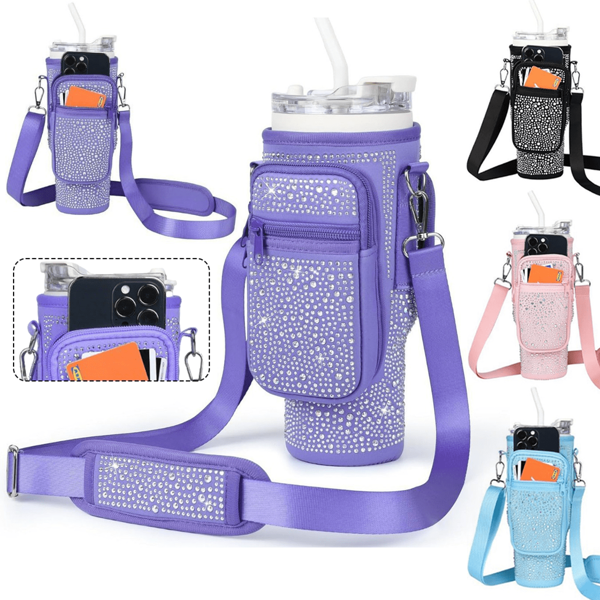 1 pieza Bolso porta-botellas de agua con bolsillo para teléfono móvil y decoración con rhinestones, adecuado para termos de 40/30 onzas con asa y correa ajustable, apropiado para senderismo, viajes, camping, funda aislada para botella de agua de deportes, bolso bandolera