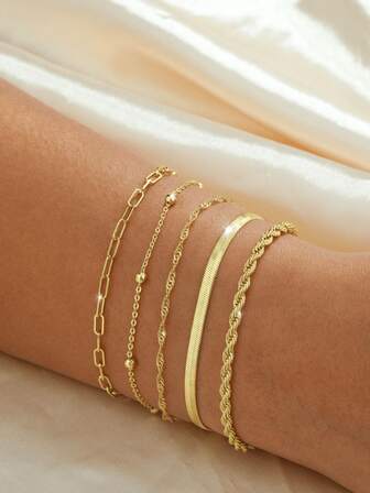 5-delars armbandsset i rostfritt stål, moderiktig minimalistisk gemkedja, pärlkedja, vågkedja, bladkedja, vridkedja, lyxiga nischade personliga kedjeaccessoarer lämpliga för tjejer och kvinnor (slumpmässig pärlmängd)