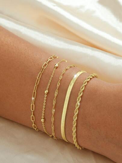 Conjunto de 5 pulseiras de aço inoxidável, corrente minimalista com clipe de papel, corrente de contas, corrente ondulada, corrente de lâmina, pulseiras de corrente torcida, acessórios de corrente personalizados de nicho de luxo adequados para meninas e mulheres (quantidade de contas aleatória)