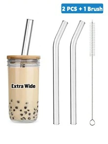 4pcs Glass Boba Straws Reusable, 14mm Extra Wide Glass Straws Shatter Resistant Clear Jumbo For Drinking Bubble Tea, Milkshakes And Smoothies, Straight And Bent With Cleaning Brushes - Clear - View 18