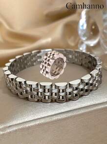 Camhanno 2 件优雅时尚不锈钢手链套装 - 不锈钢精致简约女士魅力手链和戒指，低调奢华，引领珠宝手链组合时尚礼物，圣诞节情人节生日礼物 - 彩色 - 查看 8