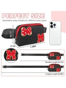 首字母蝴蝶结老鼠腰包，可爱雪尼尔腰包卡通旅行腰包防水斜挎包，适合青少年女孩女儿女士的个性化圣诞生日礼物，非常适合日常和派对 - 黑色 - 查看 3