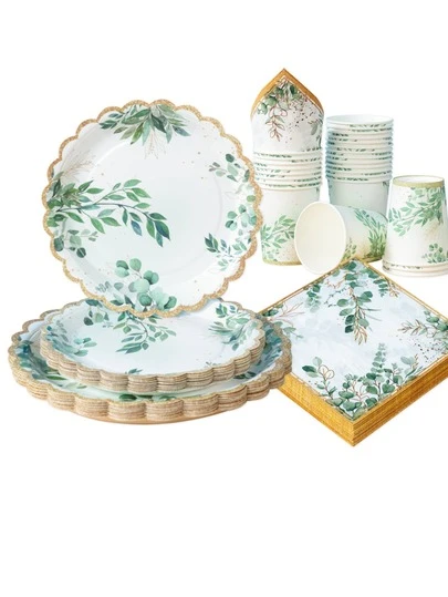 100pcs Sage Green Leaf Party Tableware Set, 7/9 Inch Disposable Paper Plates, Cups And Napkins, Green Paper Plates, Sage Green Eucalyptus Green Leaves, Birthday Decor Party Supplies, Hunting Party Essentials