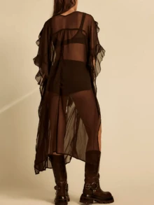 Women Frill Sheer Kimono Half Sleeve Ruffle Top See Through Flowy Blouse Shirt Side Split Long Chiffon Cardigans - màu nâu - Xem 2