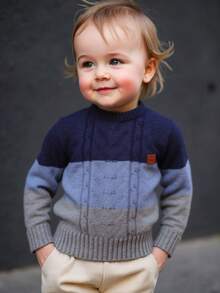 Suéter infantil color-block azul marino y gris | Punto trenzado, cuello redondo, manga larga - Azul Marino - Ver 3