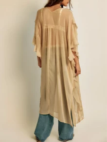 Women Frill Sheer Kimono Half Sleeve Ruffle Top See Through Flowy Blouse Shirt Side Split Long Chiffon Cardigans - 卡其色 - 查看 2