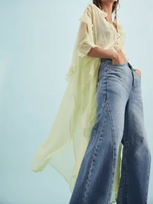 Women Frill Sheer Kimono Half Sleeve Ruffle Top See Through Flowy Blouse Shirt Side Split Long Chiffon Cardigans - 黃色 - 查看 2