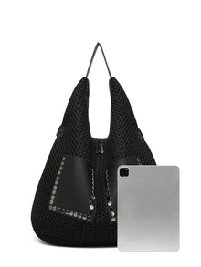 New Vintage Mesh Handbag Large Capacity Shoulder Bag Punk Rivet Hobo Bag Oversized Women Tote - Black - View 5