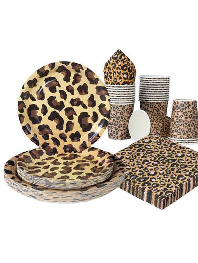 100pcs Cheetah Print Party Supplies Set, 7/9 Inch Disposable Paper Plates, Cups And Napkins, Cheetah Patterned Plates And Napkins Suitable For Animal Leopard Theme Birthday Party Decorations And Dessert Tableware