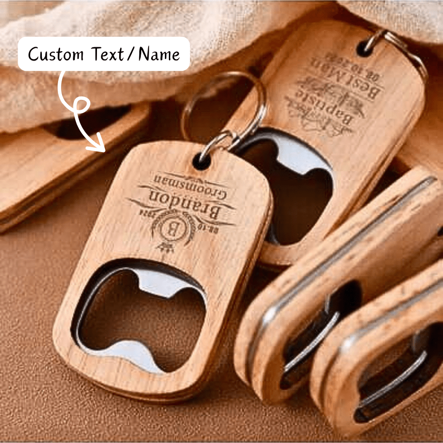 1 pièce Ouvre-bouteille en bois personnalisé gravé - Cadeaux pour garçons d'honneur, Faveurs de mariage, Cadeau d'anniversaire pour petit ami, Porte-clés personnalisé, Porte-clés ouvre-bouteille en bois personnalisé gravé, Cadeau d'anniversaire pour lui, Prêt pour le brunch