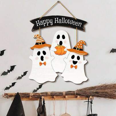 Halloween Ghost Door Sign Decorations, Happy Halloween Wooden Ghost Hanging Sign For Front Door Hanger Wreath Decor, Halloween Pumpkin Indoor Outdoor Yard Wall Halloween Party Decorations