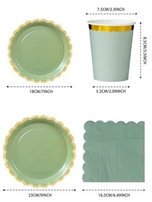 25 件/套绿色花瓣形金边一次性纸盘，绿色金边盘子、餐巾和杯子，适用于派对、生日、婚礼、家庭野餐 - 彩色 - 查看 2