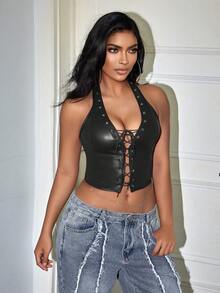 Yuwenier Plus Size Punk Style PU Leather Deep V-Neck Lace-Up Cropped Camisole Backless Top, Suitable For Concerts And Other Occasions Casual Black Summer - Black - View 4