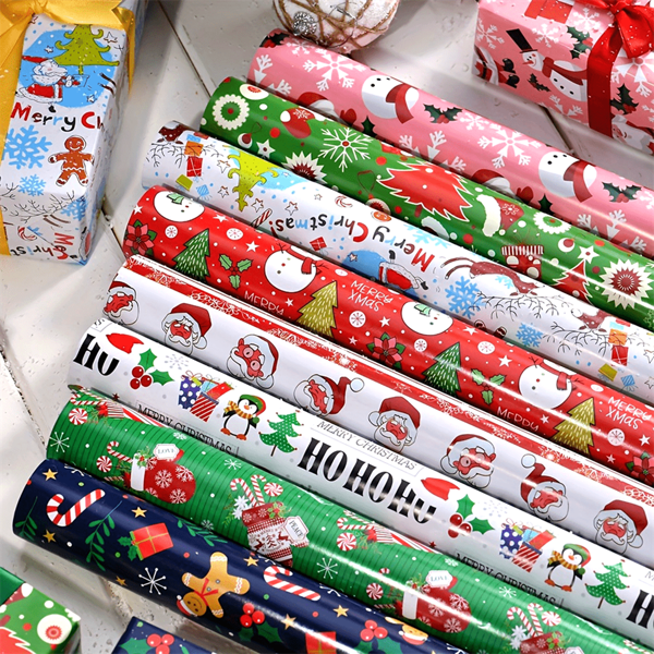 4/8 Stücke Weihnachtsgeschenkpapier - Hochwertige Feiertags-Papiere mit Weihnachtsmann, Baum, HO HO HO!, Geschenken, Schneeflocken - Rot, Grün, Gold, Blau, Weiß für Geschenke, Karten, Dekorationen - Keine Stromversorgung nötig - Ideal für privaten oder gewerblichen Gebrauch, Weihnachtszubehör, Saisonale Dekoration, fröhliche Muster, glatte Textur, festliche Verpackung, Partyplaner