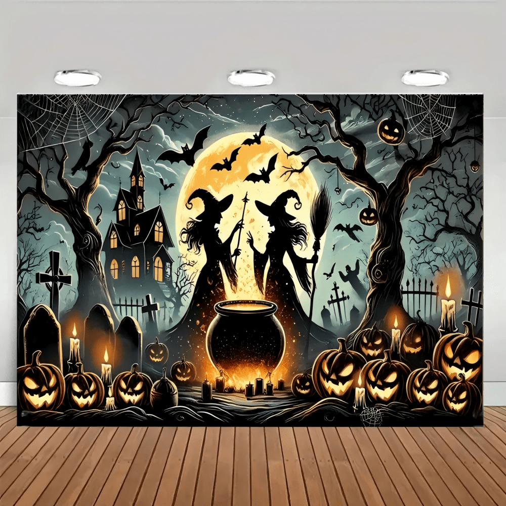 1 pieza Pancarta de fondo de garaje de Halloween, con escenas de bruja, calabaza y casa embrujada, adecuada para decoración de fiesta de Halloween, decoración de jardín, decoración de pared, decoración del hogar, celebración de aniversario y fondo de estudio fotográfico