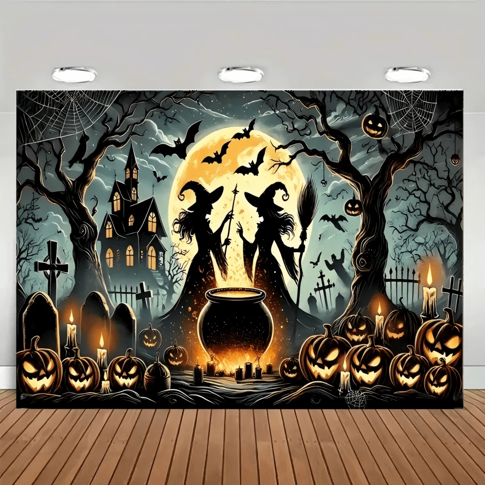 1 pieza Pancarta de fondo de garaje de Halloween, con escenas de bruja, calabaza y casa embrujada, adecuada para decoración de fiesta de Halloween, decoración de jardín, decoración de pared, decoración del hogar, celebración de aniversario y fondo de estudio fotográfico - Multicolor - Ver 1
