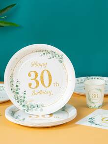 Juego de vajilla para el 30th cumpleaños, platos desechables de 7/9 pulgadas, vasos y servilletas, platos de papel decoraciones para fiesta de cumpleaños, adecuado para decoración de cumpleaños en verde salvia, vajilla para fiesta de cumpleaños, suministros desechables para fiestas con servilletas - Multicolor - Ver 3