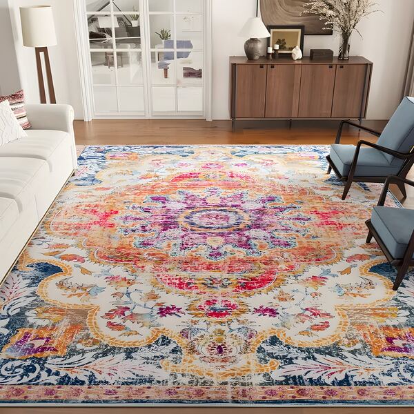 1 pièce de tapis vintage bohème classique et beau, 1100 g de densité élevée en fausse laine + fond en TPR lavable à l'eau, épaisseur de 0,6 cm, motif floral, tapis de sol doux et antidérapant, convenant pour l'extérieur, l'entrée, le salon, la chambre à coucher, peut être lavé en machine, grand tapis de sol pour toutes les saisons, décoration d'intérieur