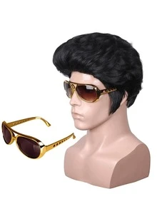 1 pieza Peluca negra ondulada de moda para hombre, peluca de fibra química para disfraz de estrella de rock de los años 50 - Negro - Ver 4