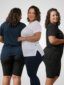 Kit 3 Plus Size Women's Blouse Gym Clothing Butt Cover Dry Fit Fitness Blouse Workout T-Shirt - 藏蓝色 - 查看 1