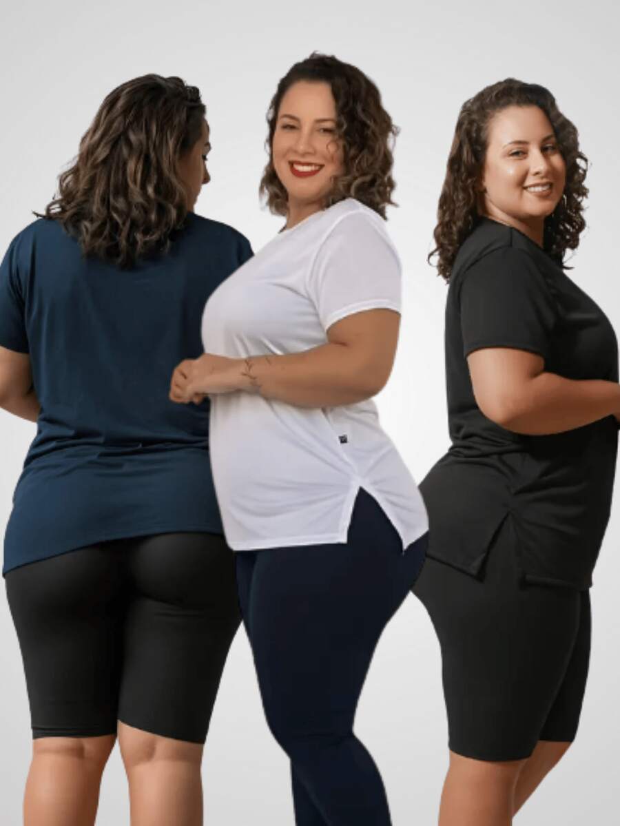 Kit 3 Plus Size Women's Blouse Gym Clothing Butt Cover Dry Fit Fitness Blouse Workout T-Shirt - 藏蓝色 - 查看 1