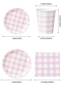100pcs Light Pink Plaid Paper Plates & Napkins Party Supplies, 7/9 Inch Disposable Paper Plates Light Pink & White Checkered Plates, Wedge Checkered Plates, Paper Cups, Napkins, Suitable For Birthday Dinner, Picnic, BBQ, Party - Multicolor - View 2