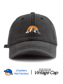 1顶男女通用复古水洗棒球帽 - 高级刺绣山峰太阳图案 - 提供大地色系（黑色、海军蓝、卡其色、绿色、咖啡色）和流行色（酒红色、灰粉色、橙色）可选 - 柔软的牛仔布质感老爹帽，适合户外探险和馈赠 - 日出 - 查看 19