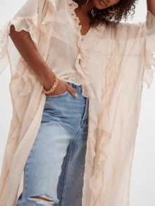 Women Frill Sheer Kimono Half Sleeve Ruffle Top See Through Flowy Blouse Shirt Side Split Long Chiffon Cardigans - trắng - Xem 4