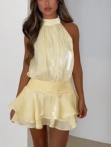 Women Mini Halter Neck Dress Pleated Sleeveless Open Back A-Line Layered Ruffle Short Dress - Light Yellow - View 4