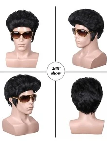 1 pieza Peluca negra ondulada de moda para hombre, peluca de fibra química para disfraz de estrella de rock de los años 50 - Negro - Ver 5