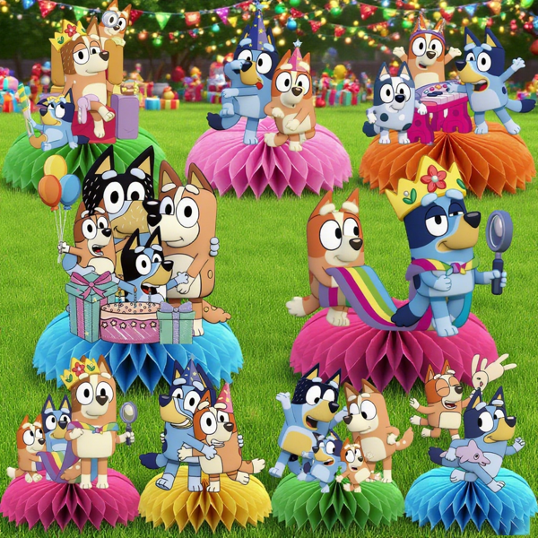 Bluey 1set/9pcs Official Bluey Honeycomb Display: Birthday Table Centerpiece, 3D Paper Cake Stand & Gift Holder, Party Scene Decor