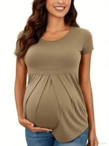 Women's Maternity Tops Short Sleeve Round Neck Front Pleat Peplum Tunic Top Pregnancy Casual T Shirts - Màu Khaki - Xem 1