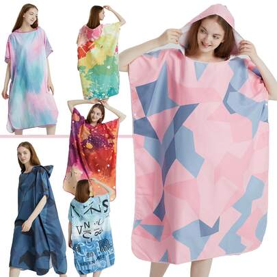 1pc Beach Changing Towel Surf Poncho Robe Hooded Wetsuit Adjustable Sleeves Surfing Swimming Bathing NavyGeometry, Large - Fit For Men&Women Super Soft Premium Microfiber