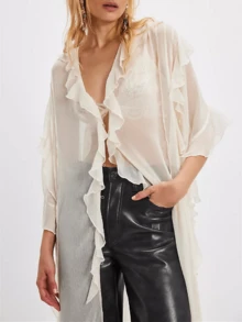 Women Frill Sheer Kimono Half Sleeve Ruffle Top See Through Flowy Blouse Shirt Side Split Long Chiffon Cardigans - Trắng 2 - Xem 1