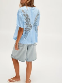 Butterfly See Through T Shirts For Women Oversized Short Sleeve Round Neck Back Sheer Mesh Tee Shirt Top Summer Party Club Going Out Tops Halloween Holiday Clothes Y2K Streetwear - 淺藍色 - 查看 5