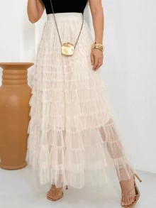 Temperament Knitted Skirt Layered Cake Skirt - Beige - View 1