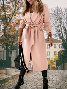 Saodimallsu Womens Notched Lapel Collar Open Front Long Overcoat Jackets With Belt - Pink - View 3