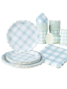 100pcs Light Blue Checkered Paper Plates & Napkins Party Supplies, 7/9 Inch Disposable Light Pink & White Checkered Plates, Wedged Checkered Plates, Paper Cups & Napkins, Suitable For Birthday, Dinner, Picnic, BBQ, Party