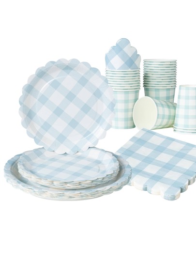 100pcs Light Blue Checkered Paper Plates & Napkins Party Supplies, 7/9 Inch Disposable Light Pink & White Checkered Plates, Wedged Checkered Plates, Paper Cups & Napkins, Suitable For Birthday, Dinner, Picnic, BBQ, Party