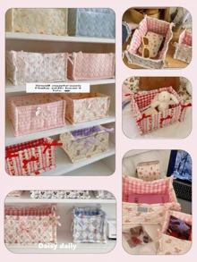 Cute Pink & Blue 3D Lace Satin Storage Basket, Desktop Organizer Basket For Small Items, Lipstick, Makeup Brushes, Skincare Products, Desktop Decor - Multicolor - View 1