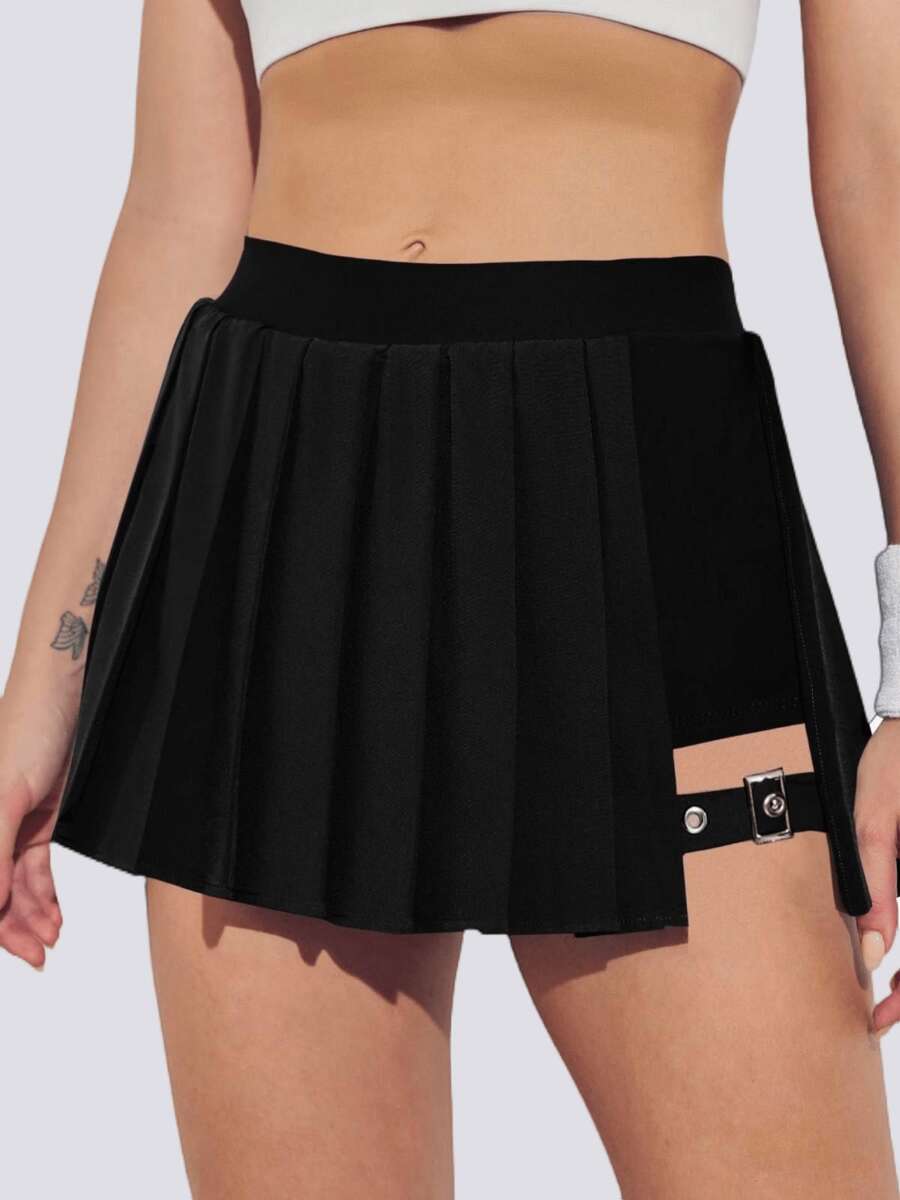 Fisoew Women's High Waisted Pleated Skort – Adjustable Buckle, Pocket, Perfect For Tennis & Golf Christmas Gift & New Year Gift - màu đen - Xem 1