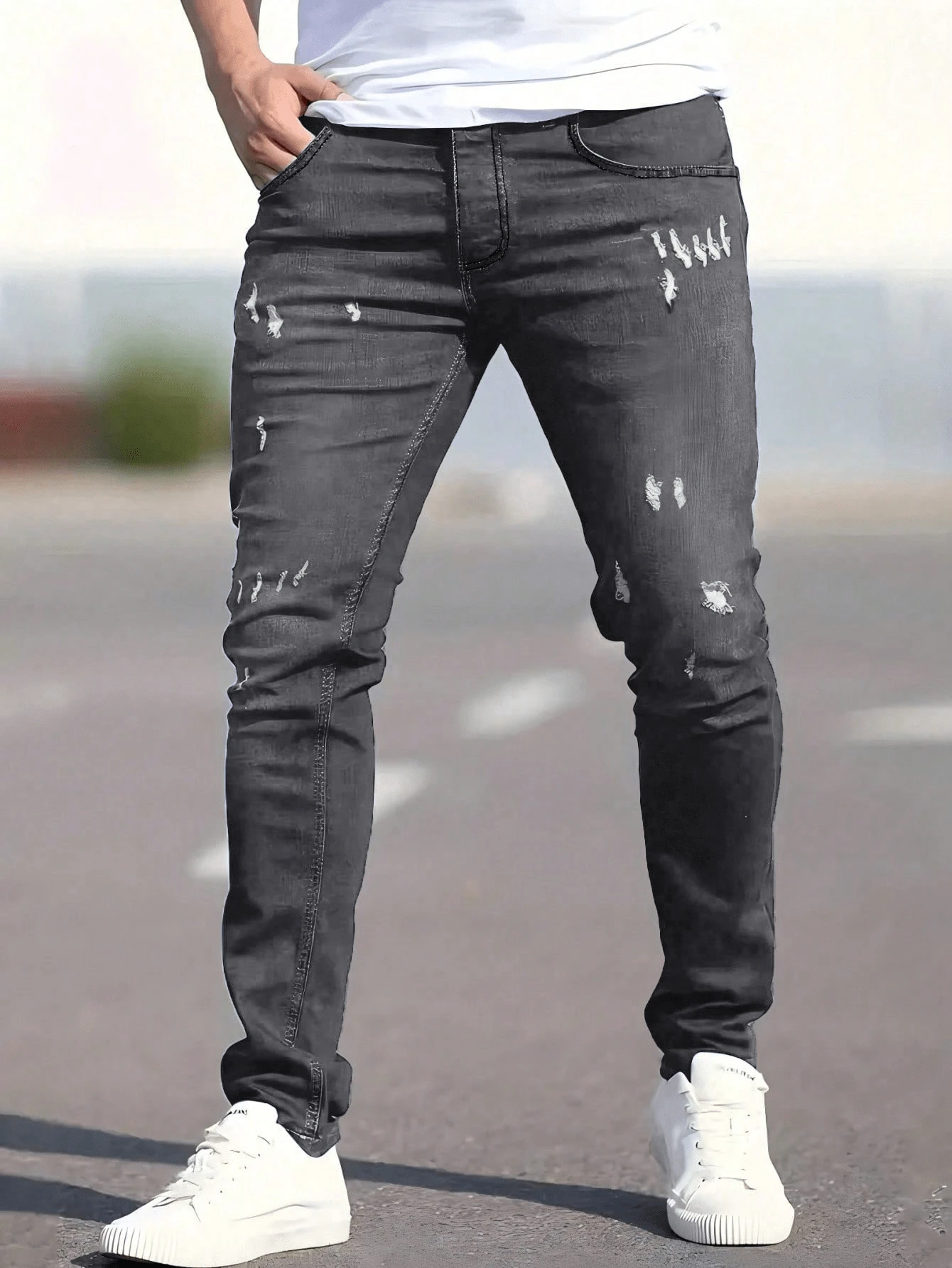 Grunge Goth Y2K Style Fashion Casual Sports College Fitted Young Street Mature Business Distressed Elastic Cuff Jeans Pants - Grey - View 1