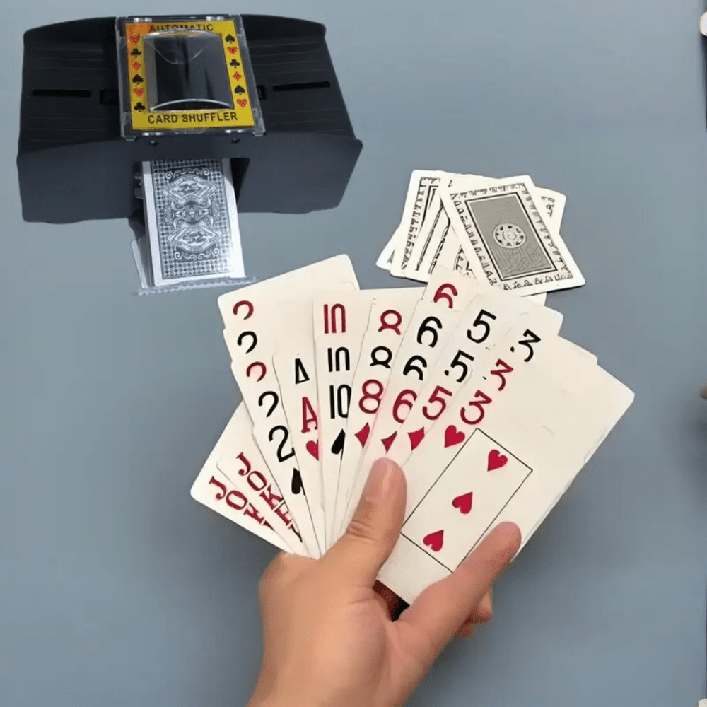 Mezclador automático de póquer, máquina de barajar de sobremesa, mezclador profesional adecuado para hogares, aplicable para juegos de cartas y reparto de póquer (sin batería requerida). Rápido y conveniente, ahorra tiempo, sin necesidad de barajar manualmente. Adecuado para juegos de fiesta, juegos de Año Nuevo, juegos de reunión, suministros de fiesta, actividades al aire libre, accesorios de sala de juegos, decoraciones de boda, juegos de boda, fiestas de cumpleaños, despedidas de soltero, accesorios de cumpleaños, suministros de Halloween y Navidad, etc.
