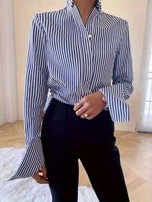 Women's Fashionable Commuter Loose Striped Long Sleeve Shirt Spring - Blue - View 2