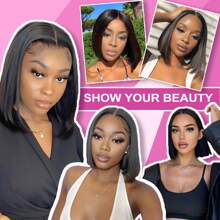 200% 密度自然色直发蕾丝前假发混合头发 13x4 高清骨直发蕾丝前假发真人混合头发 4x4 5x5 短发蕾丝前假发适合日常使用 8-34 英寸无胶预拔预剪自然色自然发际线带婴儿头发