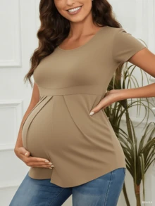 Women's Maternity Tops Short Sleeve Round Neck Front Pleat Peplum Tunic Top Pregnancy Casual T Shirts - Màu Khaki - Xem 3
