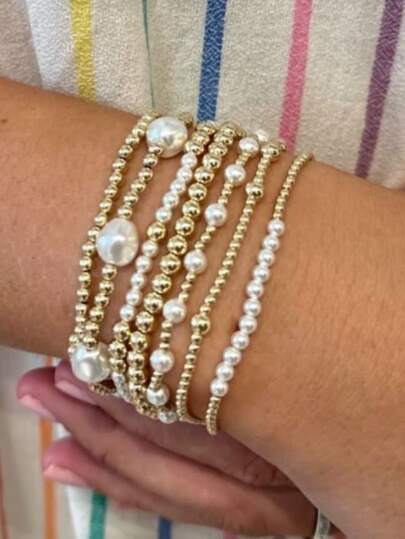 7pcs Fashion CCB Golden Beads Faux Pearl Multilayer Elastic Bracelet Set, Stackable Bracelets For Women, Suitable For Daily, Vacation, Party Jewelry